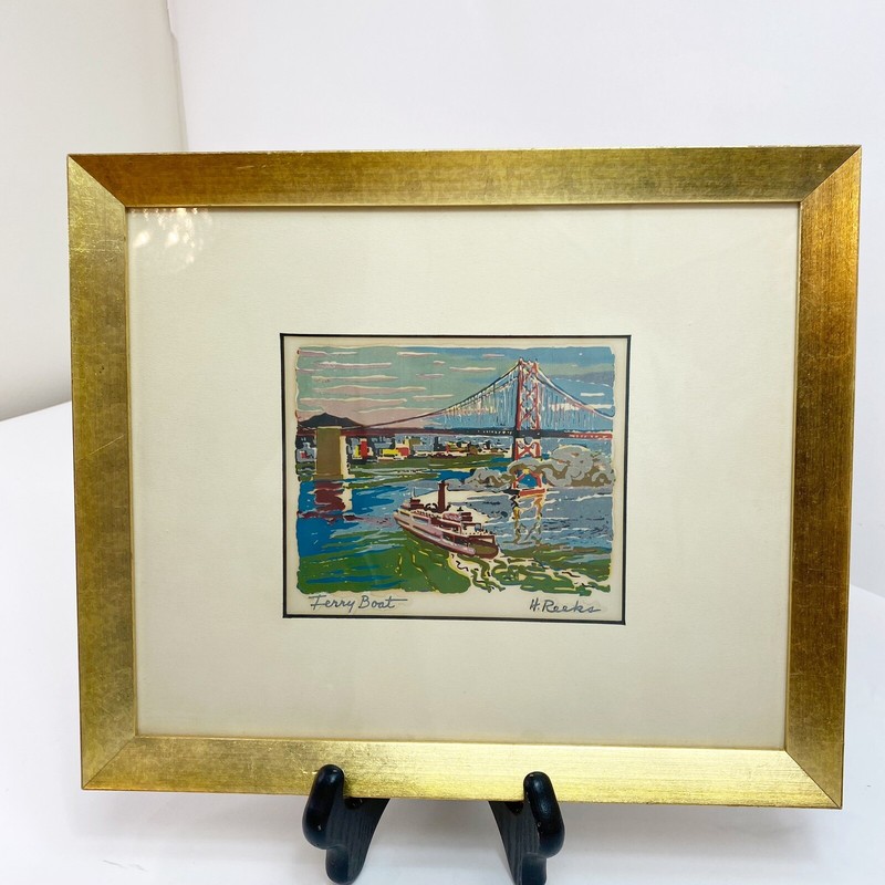 1950s Vintage Harry Reeks Signed Screen Printed Ferry Boat Framed Golden Gate