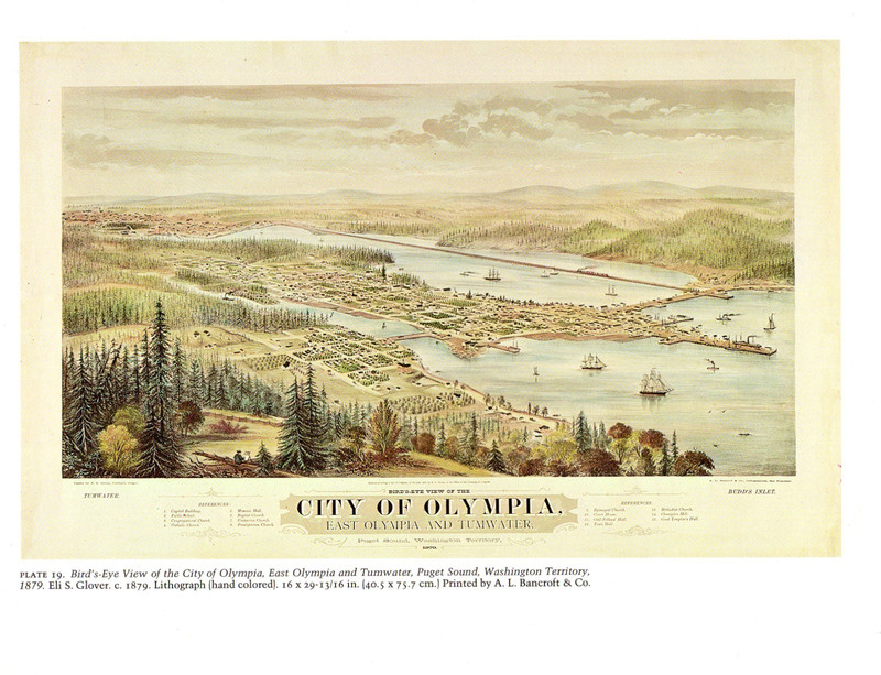 1976 Vintage CITY "BIRDS EYE VIEW OF OLYMPIA, PUGET (1879)" Color Art Lithograph
