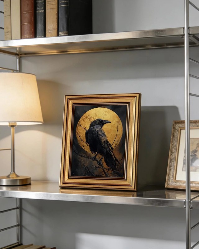 Vintage Gold Framed Raven Wall Art 8x10 Inch Gothic Crow Illustration with Full gallery