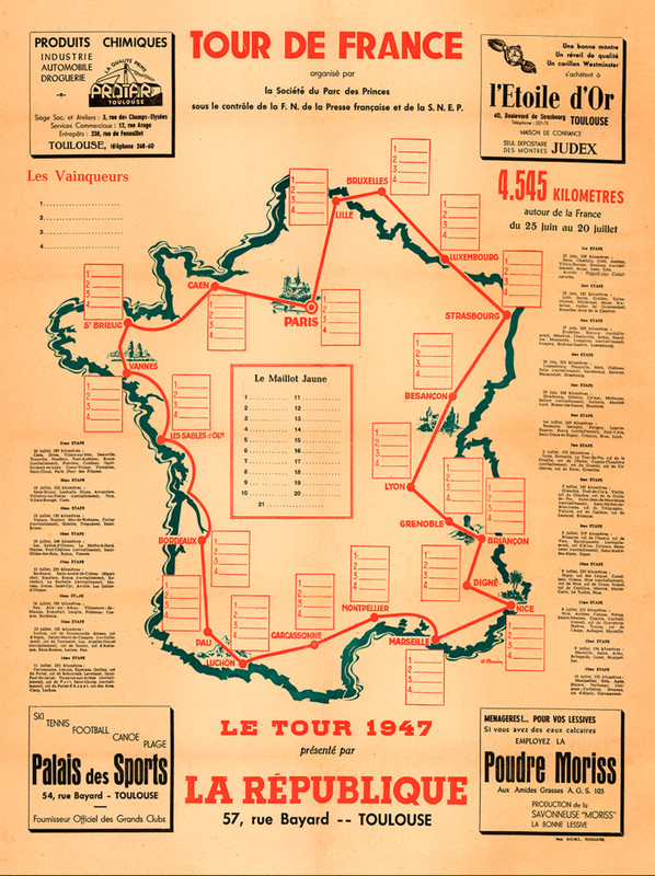 1947 Tour de France Map Poster – First TDF after WWII