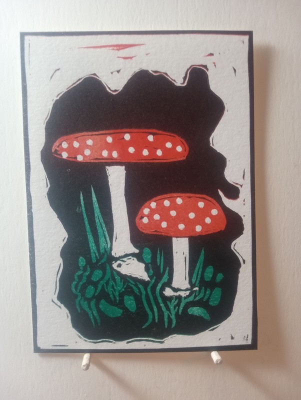 ACEO Linocut Mushrooms #7 of 22 Original Hand Pulled Reduction Print Fly Agaric