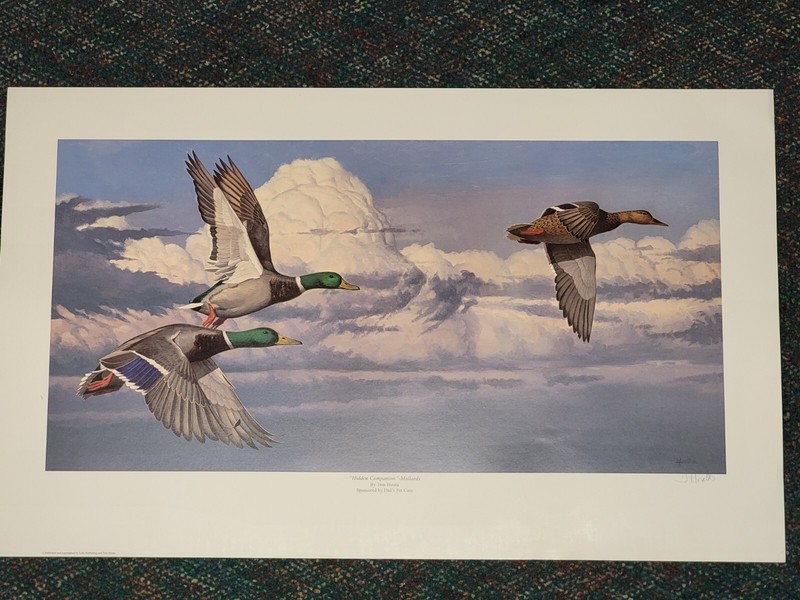 Vtg. Signed Tom Hirata «Hidden Companion» Mallard Duck Poster Print 28×17