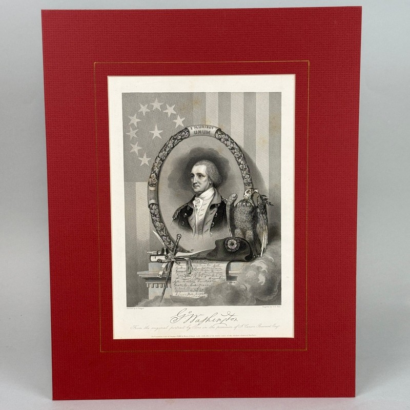 1856 George Washington Steel Engraving Portrait G.R. Hall Patriotic Print Matted