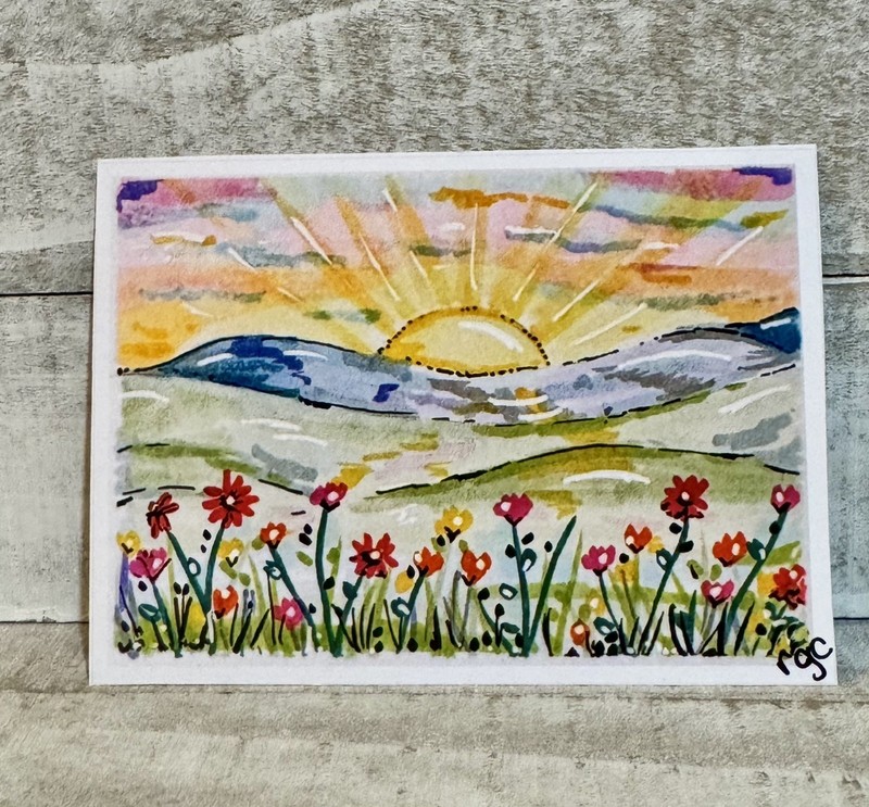 ACEO Original PRINT Landscape, Colorful Flower fields, heartfelt_by_robin, Sunny