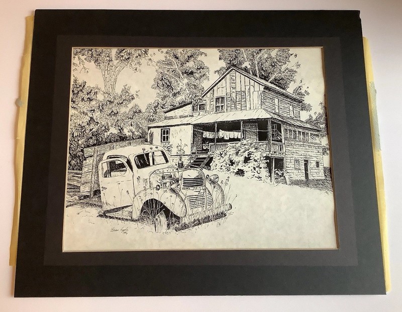 Original Barnyard Landscape Pen and Ink Farmhouse Primitive Cabin Rustic Art gallery