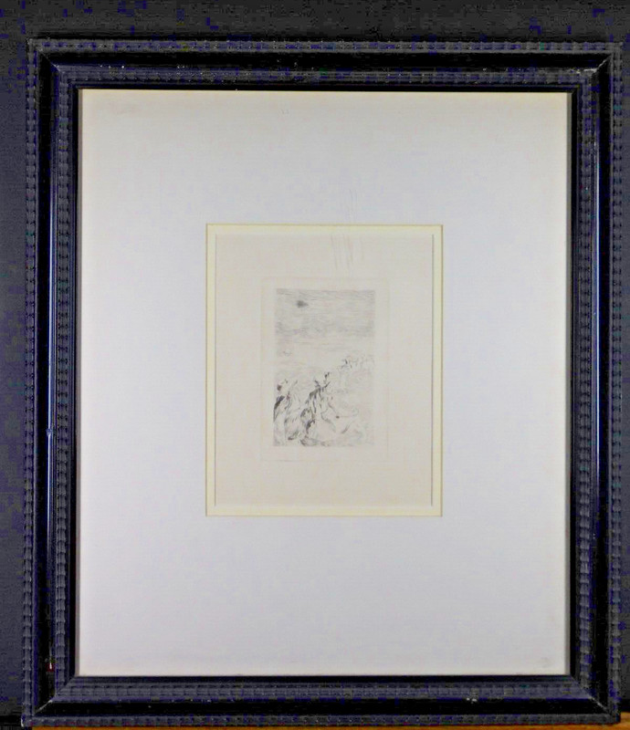 Framed Etching signed Renoir in the plate Sur la Plage a Bernevale on the Beach