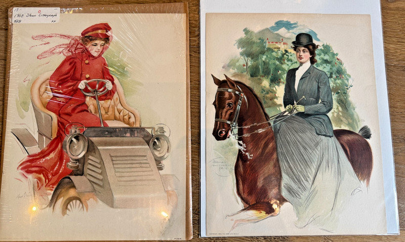 Pair of Early 1900s Chromolithograph Prints – Maud Stumm Car + Equestrian Lady