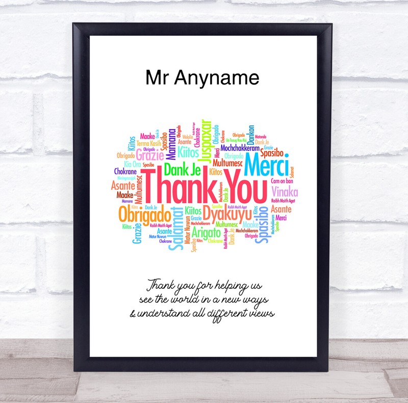 Teacher Thank You Multi Language Colourful Personalised Wall Art Print