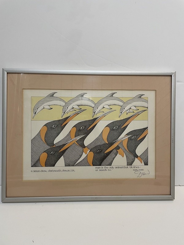 Simon Drew Signed Print Penguins Dolphins kitsch seaside nautical theme retro