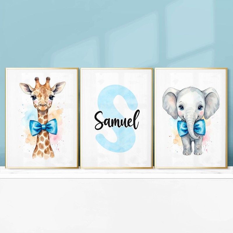 Safari Animals Nursery Prints Personalised Boys Bedroom Blue Wall Art Set of 3