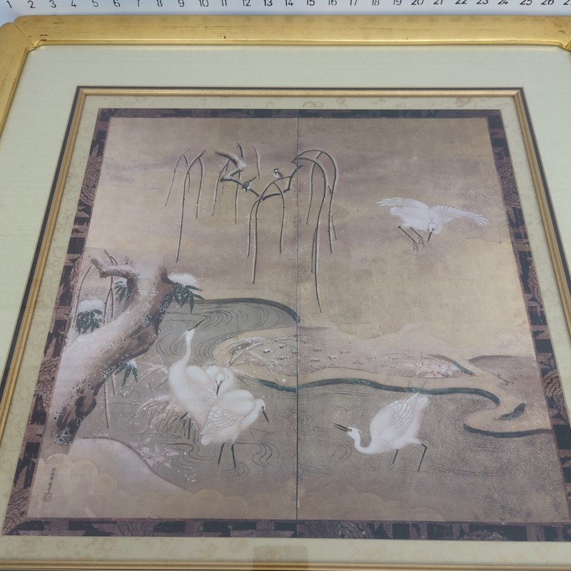 28 x 28" kano school sokuyo period 2 panel edo scroll style print egrets willows