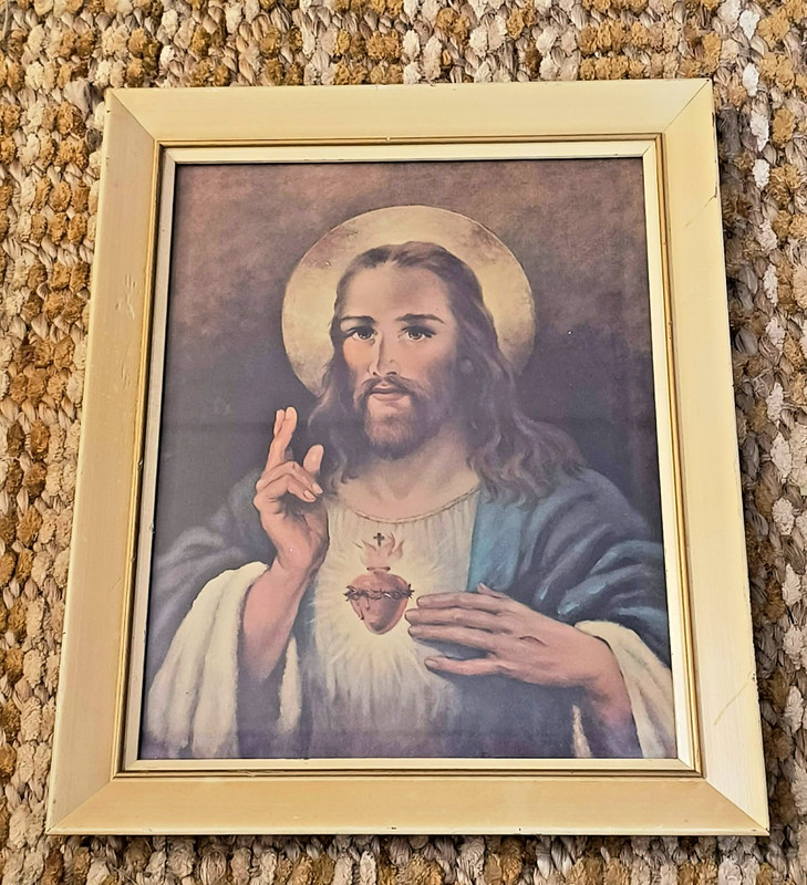 1951 «MOST SACRED HEART OF JESUS» FRAMED LITHOGRAPH /Florence Kroger/ 14″