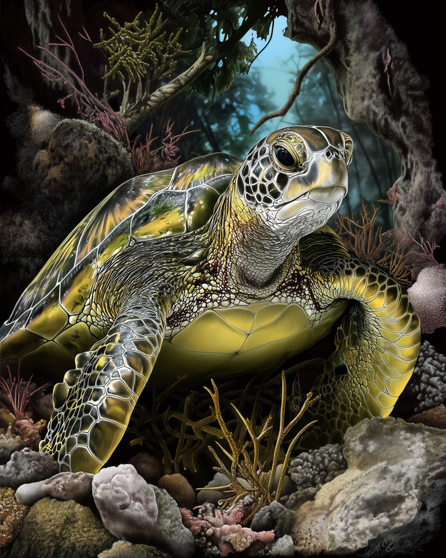 8x10 Sea Turtle swimming over reef - rocky coral cove - seaweed - 504043847