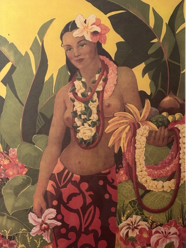“Lei Vendor”Poster Hawaiian Girl In Fine Bamboo Matt.& Frame by J. Maybra 1950s