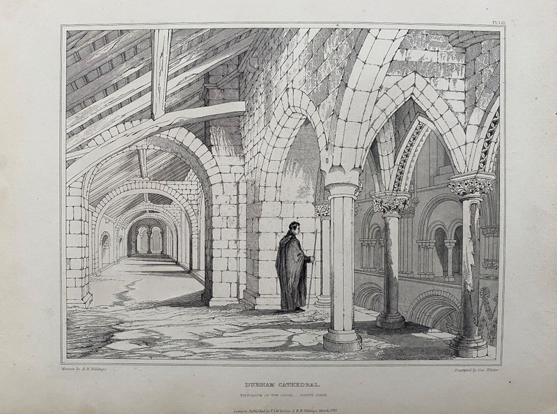 1843 Antique Print; Durham Cathedral Triforium of the Choir after Billings