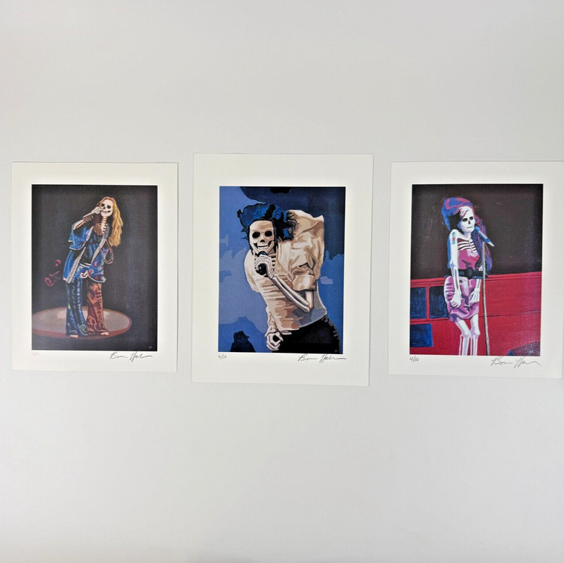 (3) Artist Prints Michael Jackson Janis Joplin Amy Winehouse As Skeletons Signed