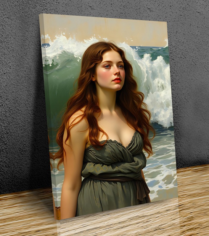 Lady and waves John William Waterhouse inspired mounted canvas print