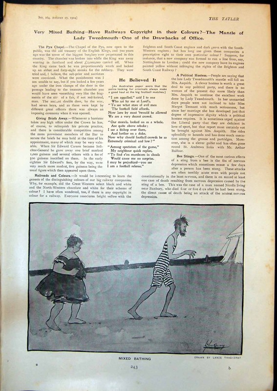Antique Old Print Mixed Bathing Lance Thackeray Thin Man Beard Fat Lady 1904