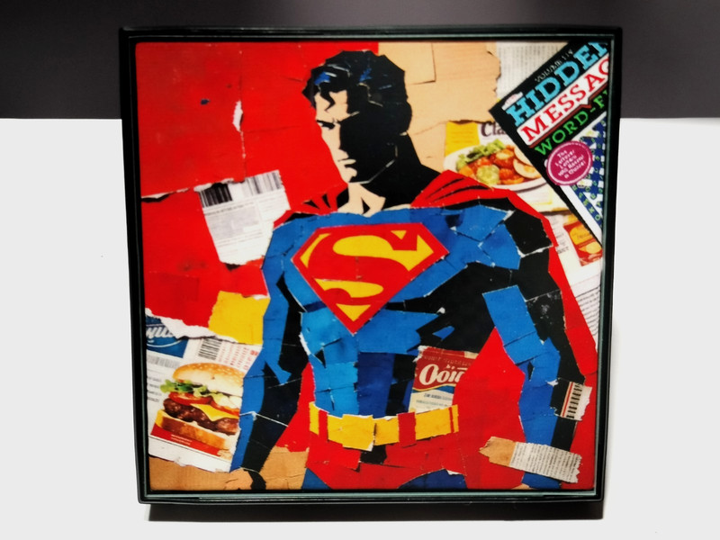 Superman Mixed media collage original art print on 4×4″ canvas board Framed NEW