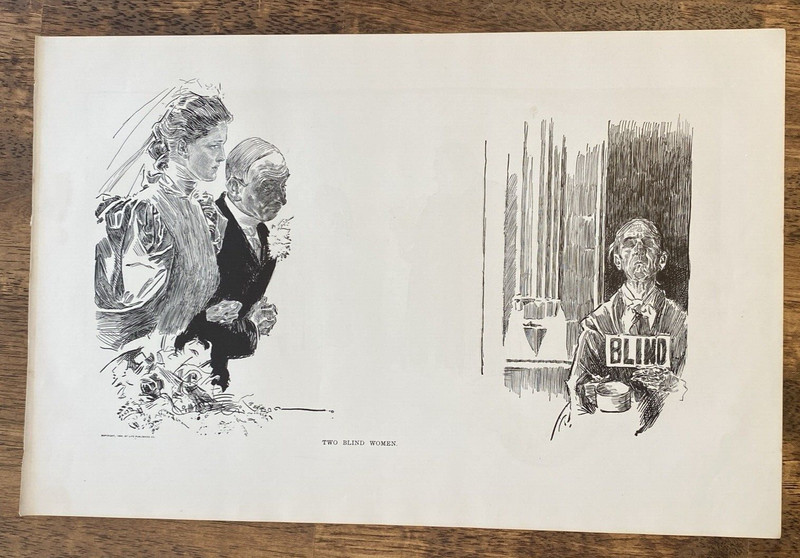 1907 Antique Art Print TWO BLIND WOMEN Charles Dana Gibson Girls Wedding Poverty gallery