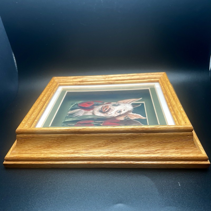 Joy Campbell Paper Tole Art Print Matted Framed Black-Eyed Pig in Red Tulips gallery