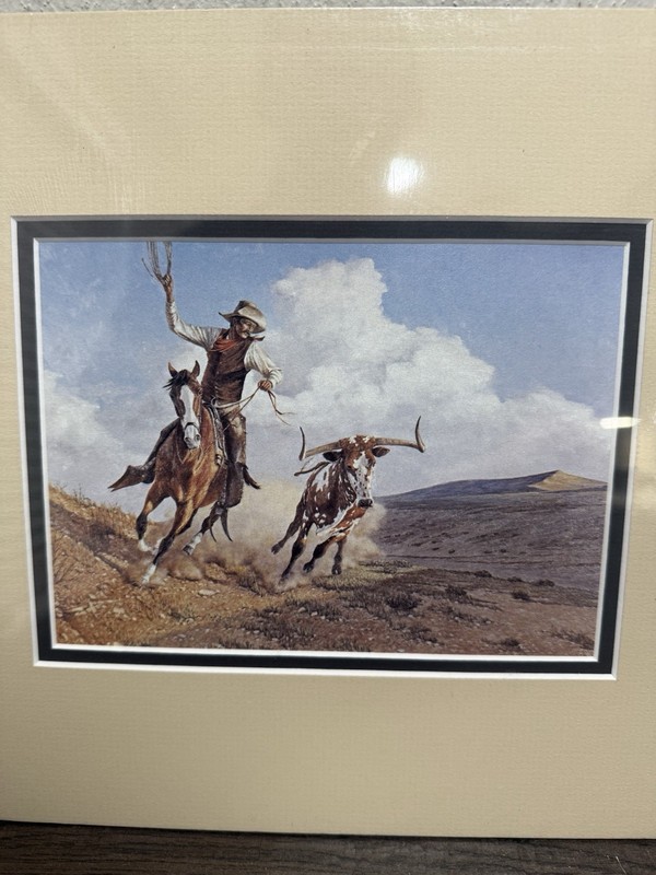 New Sealed Western American Cowboy Roping Cattle Longhorn Artwork Print Matted gallery