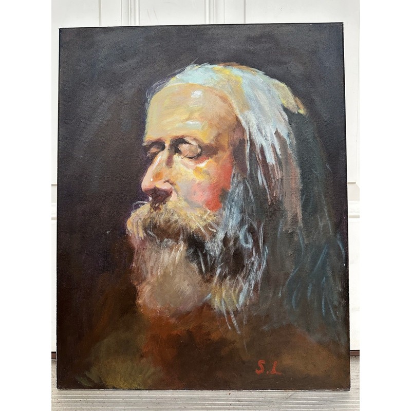 Hand painted portrait Painting study man’s face w/beard w/brushstrokes dark S.L.