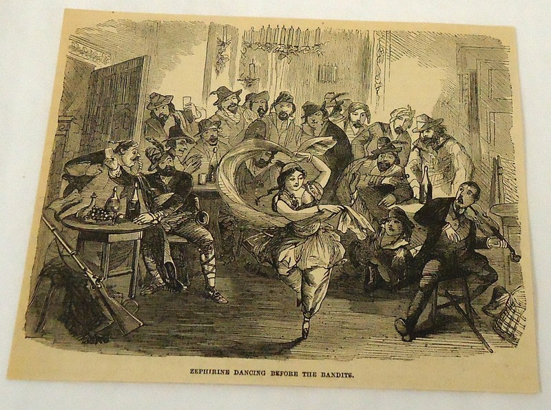 1859 magazine engraving ~ ZEPHIRINE DANCING BEFORE THE BANDITS