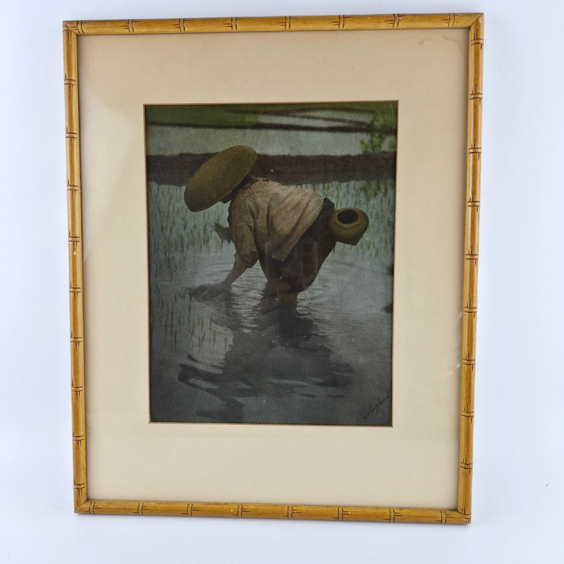 Vintage Asian Rice Picker Art Print Wood Frame Faux Bamboo Signed 12x14 gallery