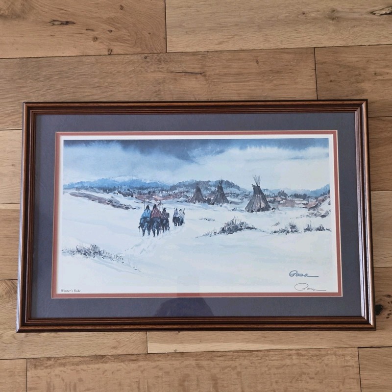 Ed Posa «Winter’s Ride» Framed Native American Art Print Signed 24″ x 15.5″