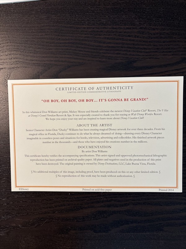 WDW Commemorative Don Williams Litho W Cert Of Authenticity Grand Floridian 2014 gallery