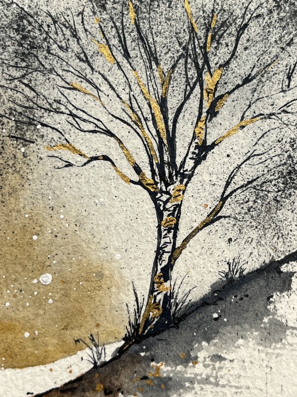 ACEO Original Watercolor Ink Gold Metallic Autumn Tree Dusk Landscape Signed SRA
