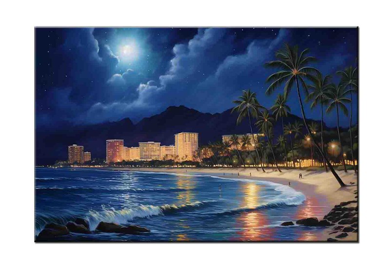 Art Giclee Oil Painting Hawaiian Beach at Night on Canvas