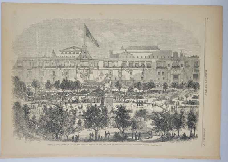 Mexico City 1867 Scene in the Grand Plaza Rec. of President Juarez vtg print gallery