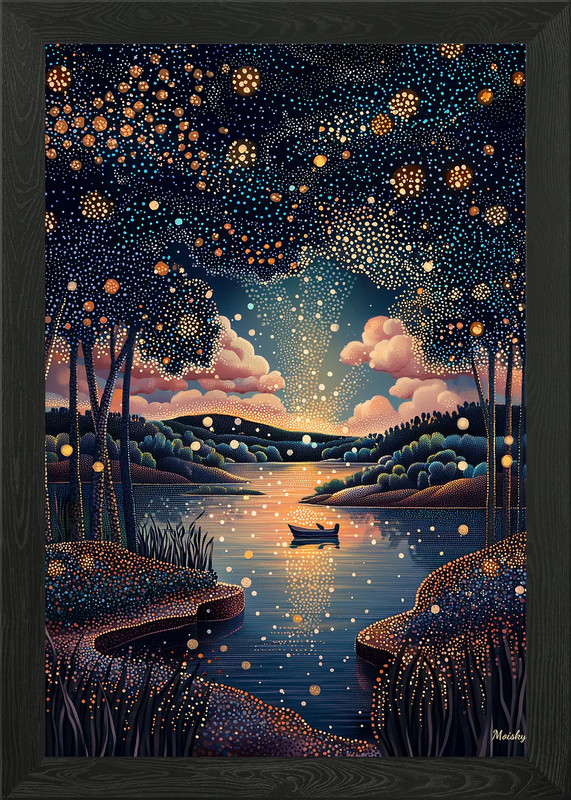 Starry Night River in Pointillist S Framed Wall Art Poster Canvas Print Picture