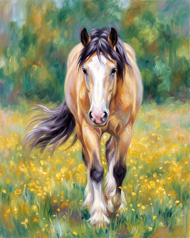 Horse Art Gypsy Vanner in the Wildflowers oil art print. Free Shipping 0539
