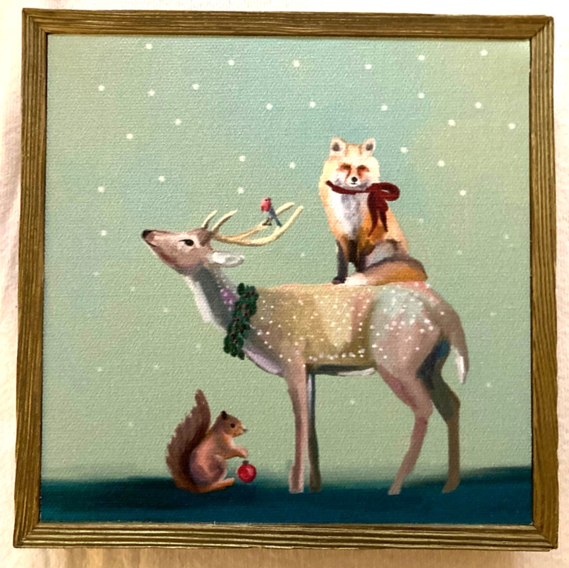 2017 CHRISTMAS BUCK FOX & SQUIRREL CATHY WALTERS GICLEE PRINTED CANVAS 6.5″