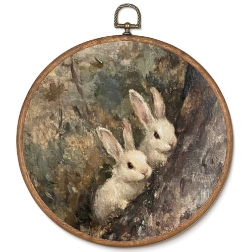 Vintage Round Framed Bunny Wall Art Prints Decor Easters in 10"L x 10"W Rabbit
