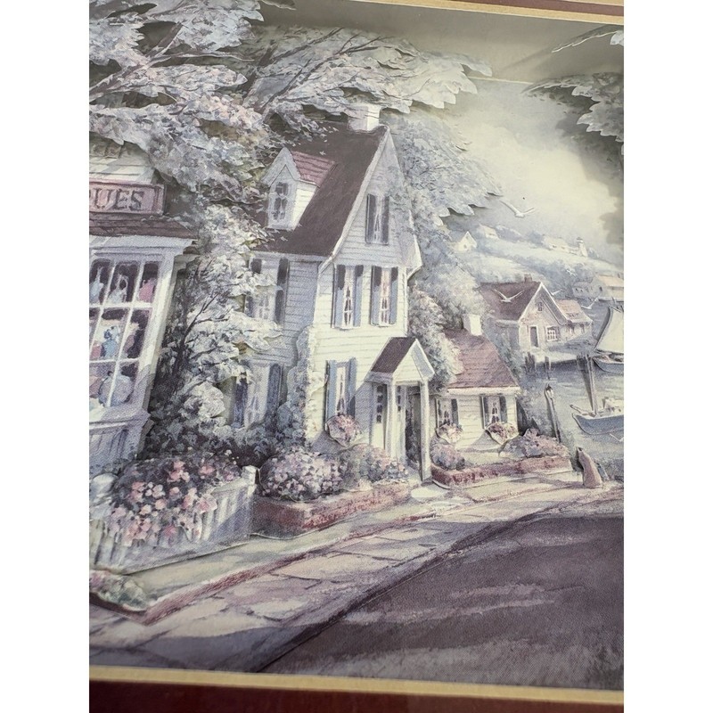 Vintage 3D Paper Tole Shadowbox Framed Seaside Village Scene Antiques Shop Ships gallery
