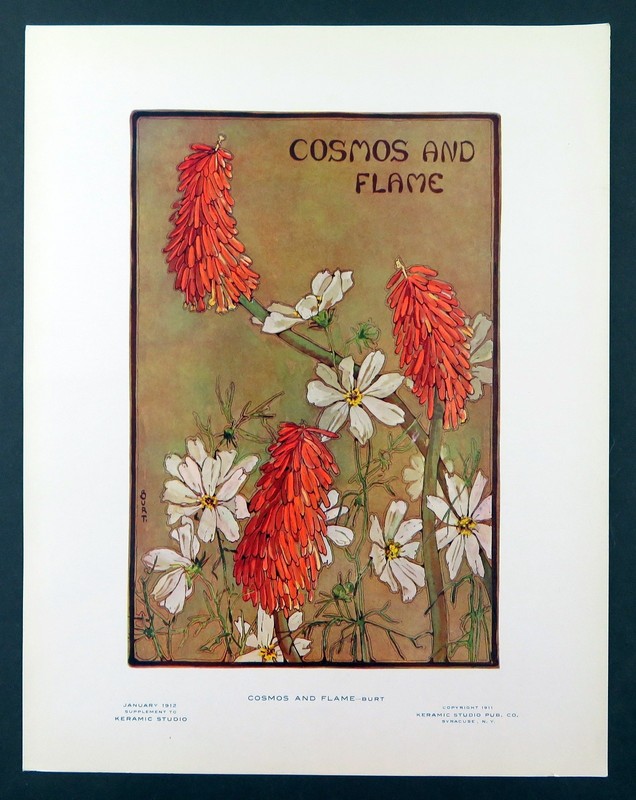 Vintage Floral Print, Cosmos And Flame, Keramic Studio 1911 botanical art 13x10 gallery