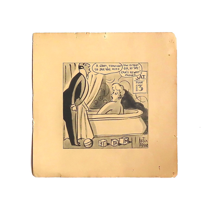 Vintage Peter Arno Cartoon Print, Woman in Bathtub, Butler, B&W, 5 1/2” Sq.