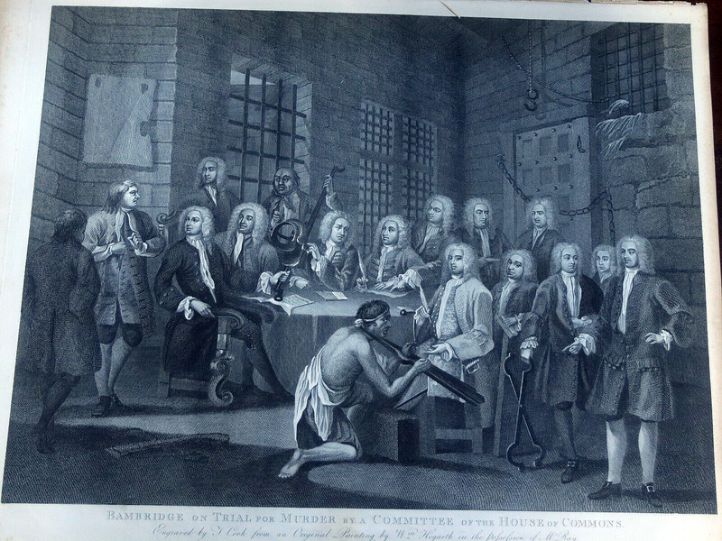 1803 After William Hogarth Engraving BAMBRIDGE ON TRIAL FOR MURDER Thomas Cook