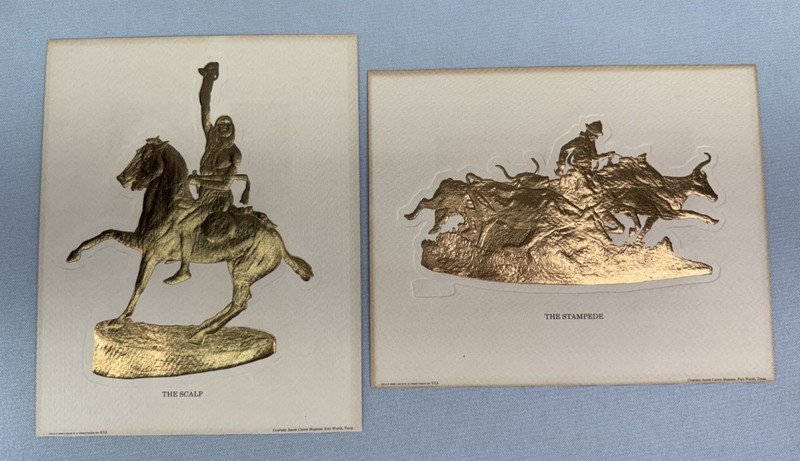 VTG Frederic Remington Gold Foil Art Prints The Scalp & The Stampede 2pc Set