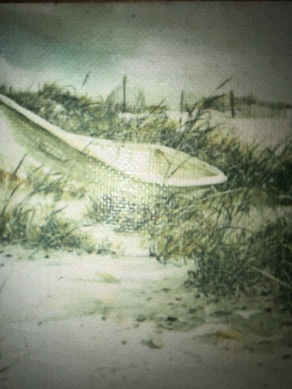 Vtg Small Seashore Boat Painting Print On Canvas Framed Nautical Beach 8.5x6.5” gallery