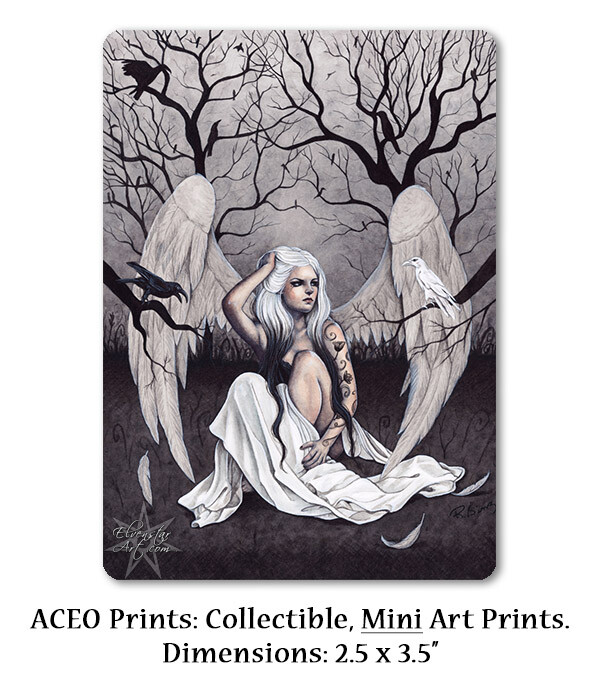 Gothic Fantasy Angel Art ACEO PRINT ravens crows black white gray trees dark