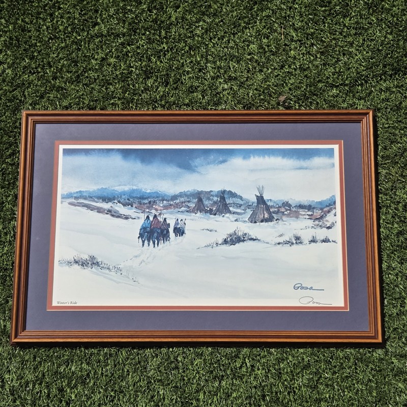Ed Posa "Winter’s Ride" Framed Native American Art Print Signed 24" x 15.5" gallery