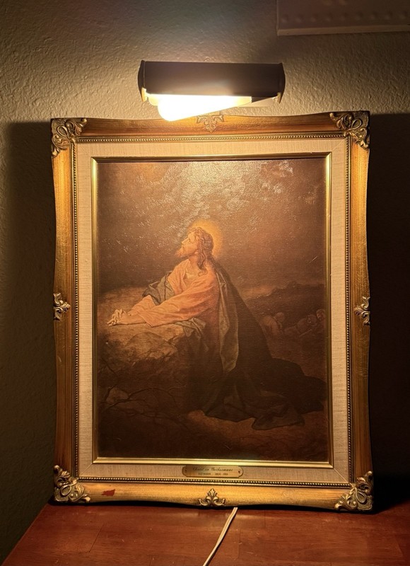 Framed Carl Bloch “Christ in Gethsemane” Canvas Print Religious Lighted Art Vtg
