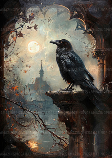 Raven Gothic Art Print Crow Moon Fantasy Dark Bird Raven Decor Witchy Gift M33