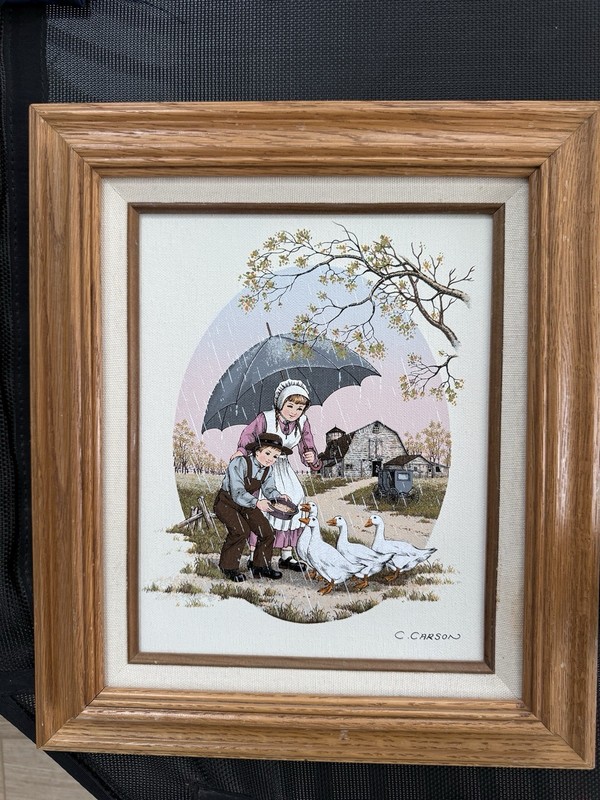 C. Carson Boy Feeding Ducks In Rain Professionally Framed Serigraph