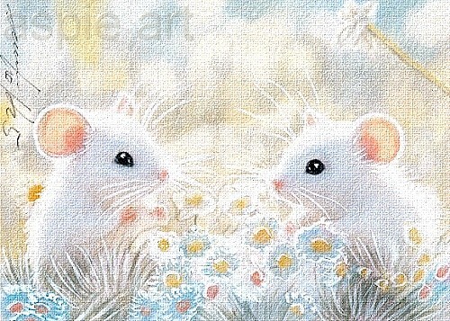ACEO print limited edition white mice with flowers, mouse by Anna Hoff